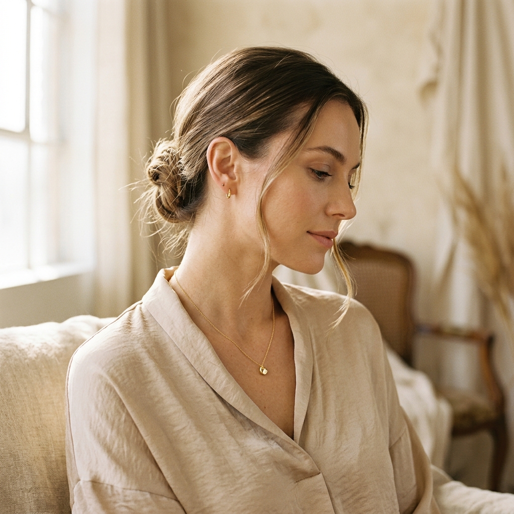 Woman wearing delicate luxury gold jewelry
